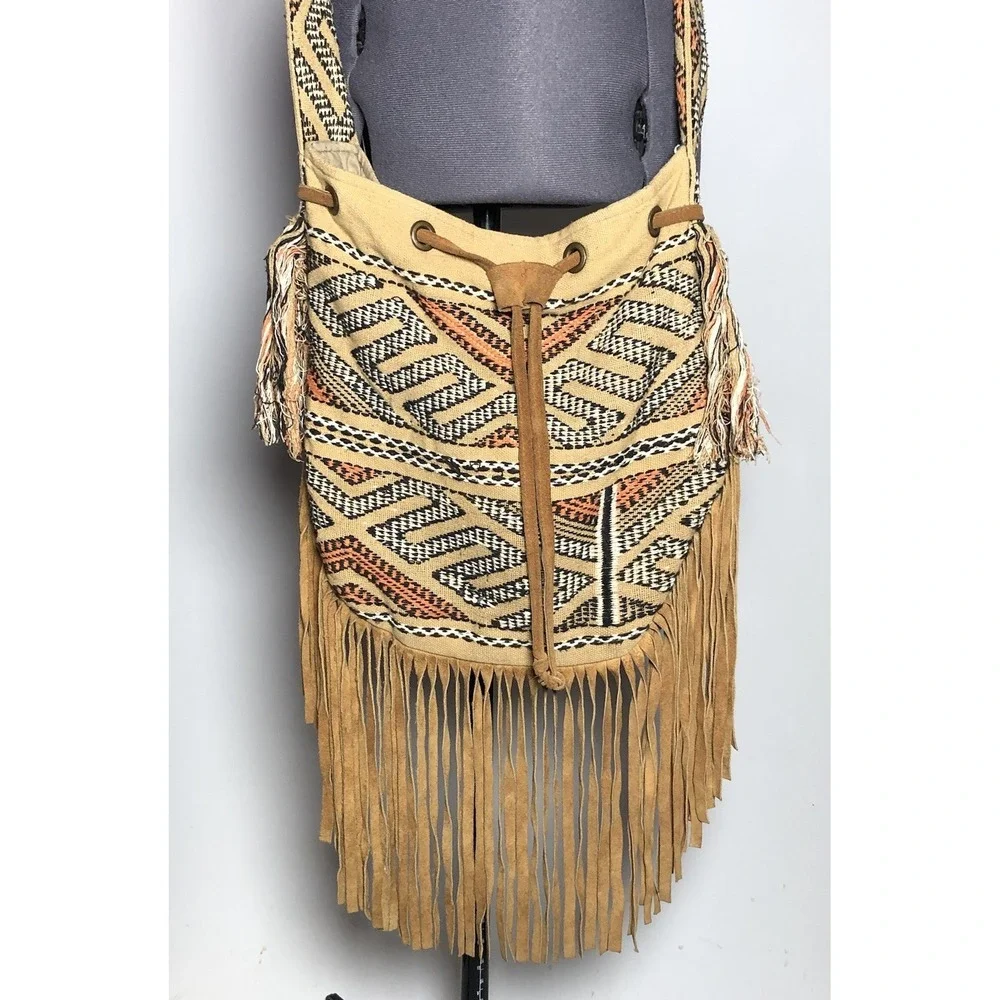 Vtg Y2K Boho Crossbody Bag Fringe Woven Festival Coachella Tribal a+p Denim - Picture 6 of 16